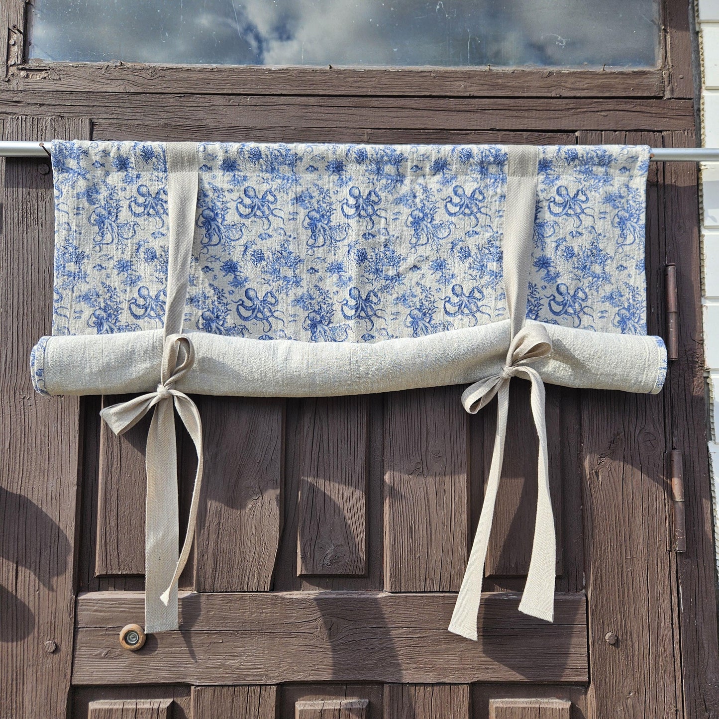 Linen curtains valance with tie up Octopus print - Nautical farmhouse kitchen door curtains in custom size with print