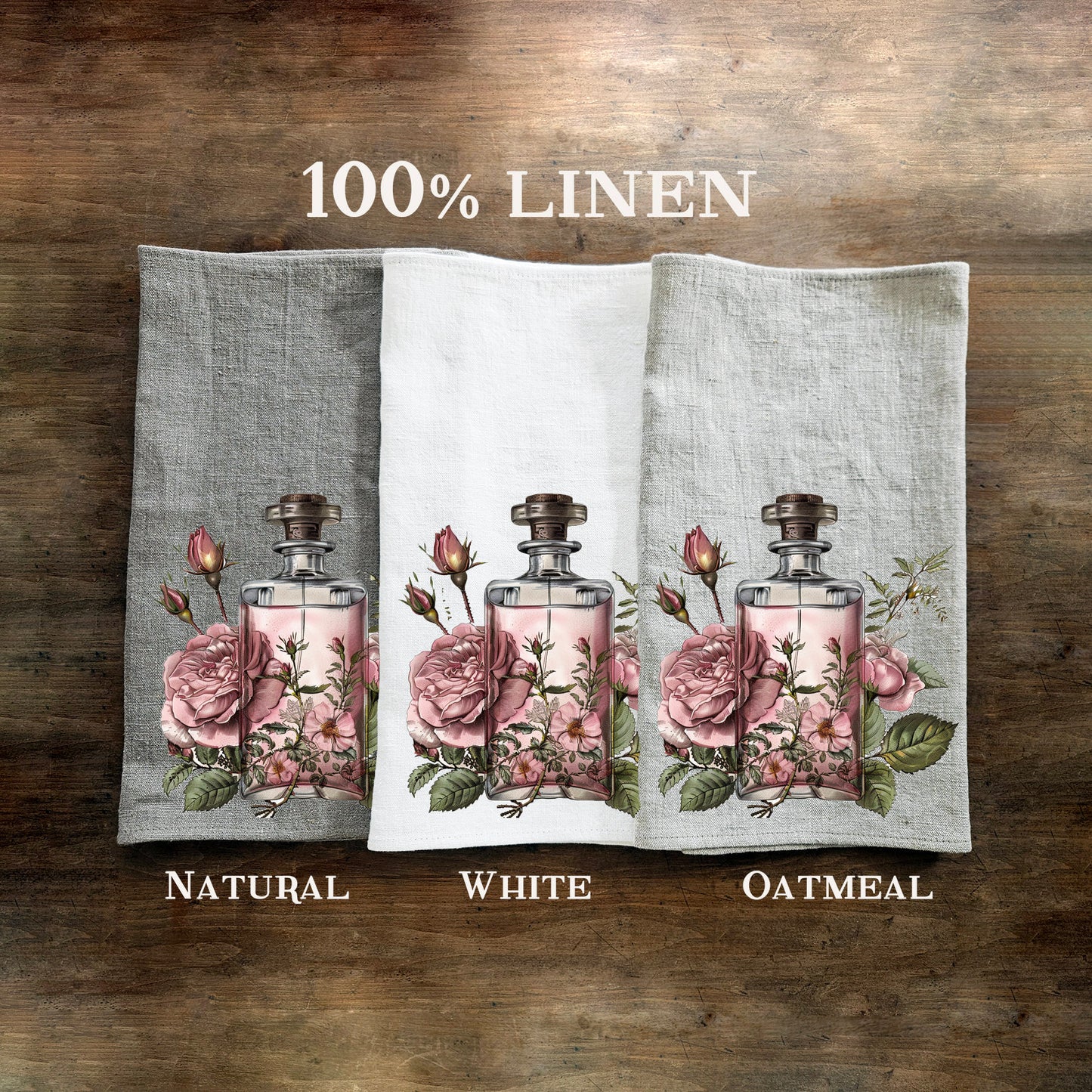 Pink Parfum Tea Towel in linen, floral roses Hand Towels Tea, black Frech Dish Towel, botanical parfum Kitchen Décor Tea Towel