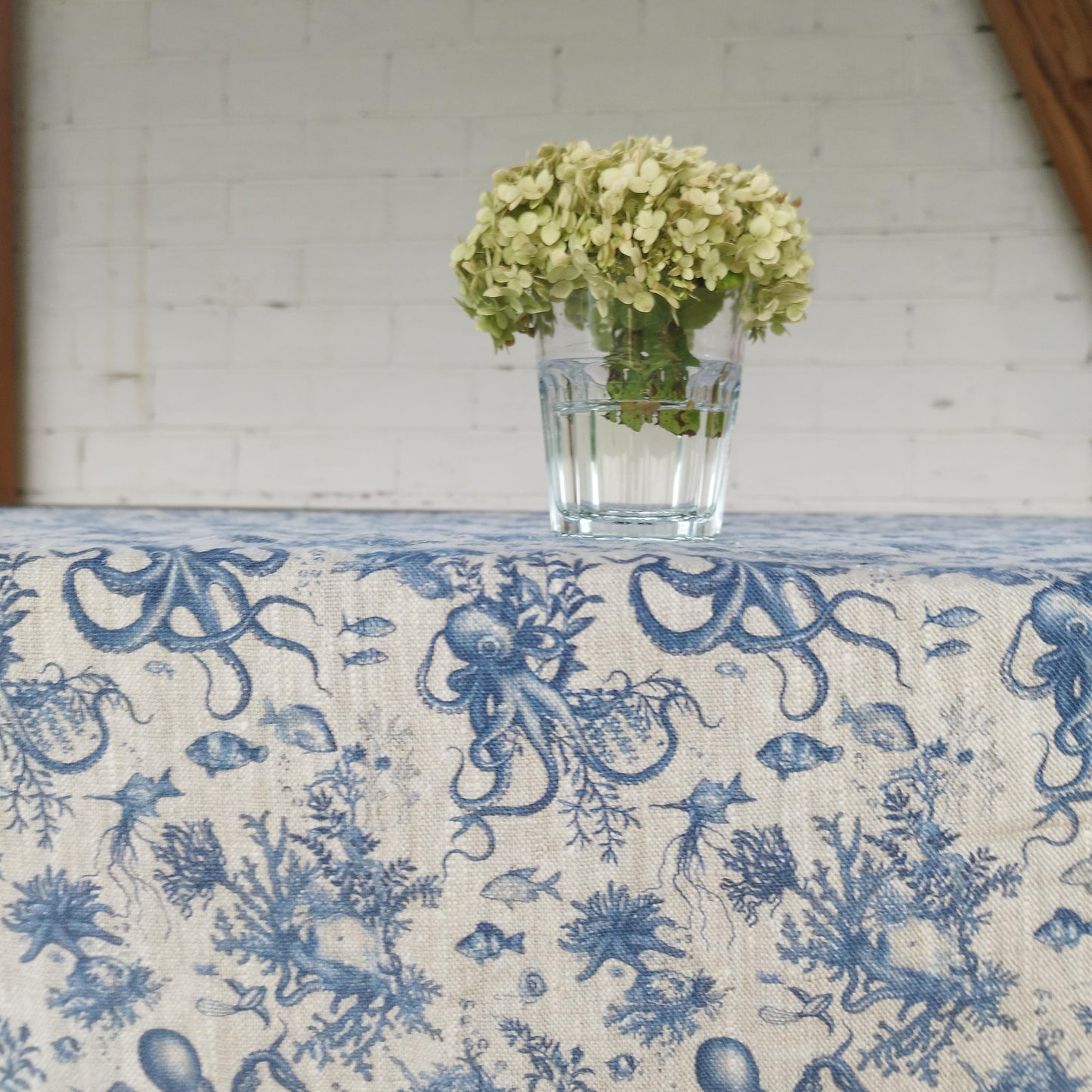 Linen foral tablecloth Blue Coastal with octopus print, French Retro Vintage table cloth Bohemian Blue on natural linen