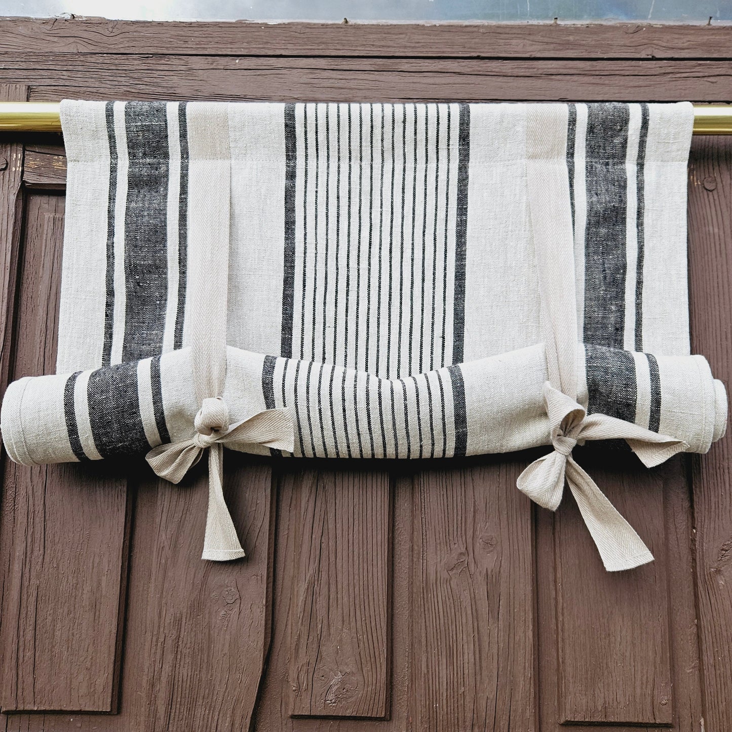 Striped Linen curtains valance with tie up , french farmhouse kitchen door curtains in custom size green stripes