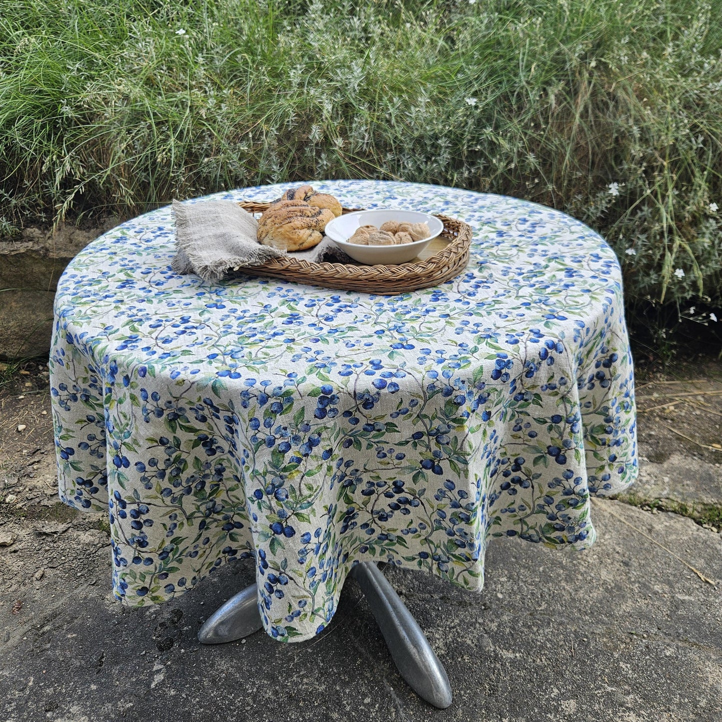 Linen foral tablecloth with blueberry print - floral tablecloth arts and crafts movement tablecloth Victorian style