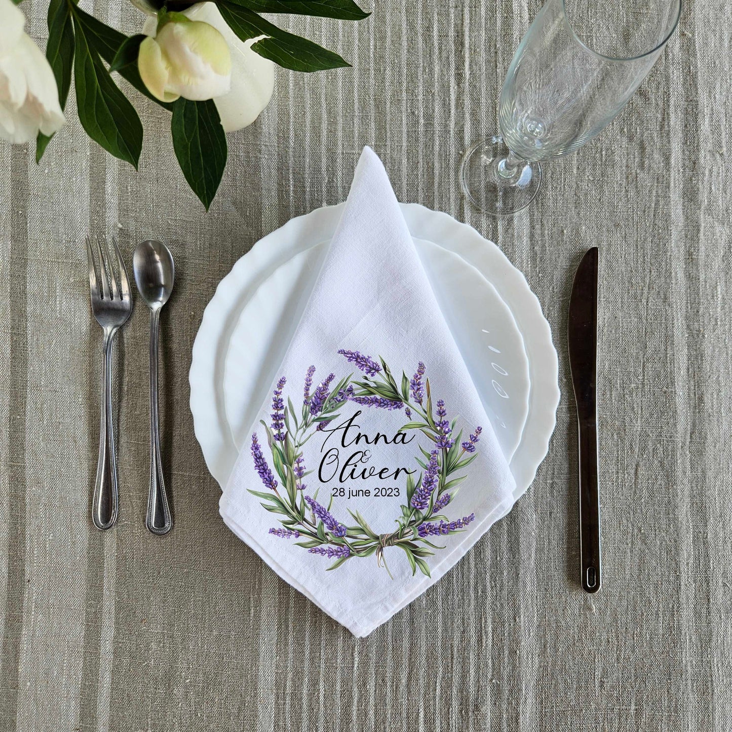 Custom Design White Cloth Cocktail Napkins with olive wreath, luxury weddings menu napkins in linen, Custom Names Napkins for dinner