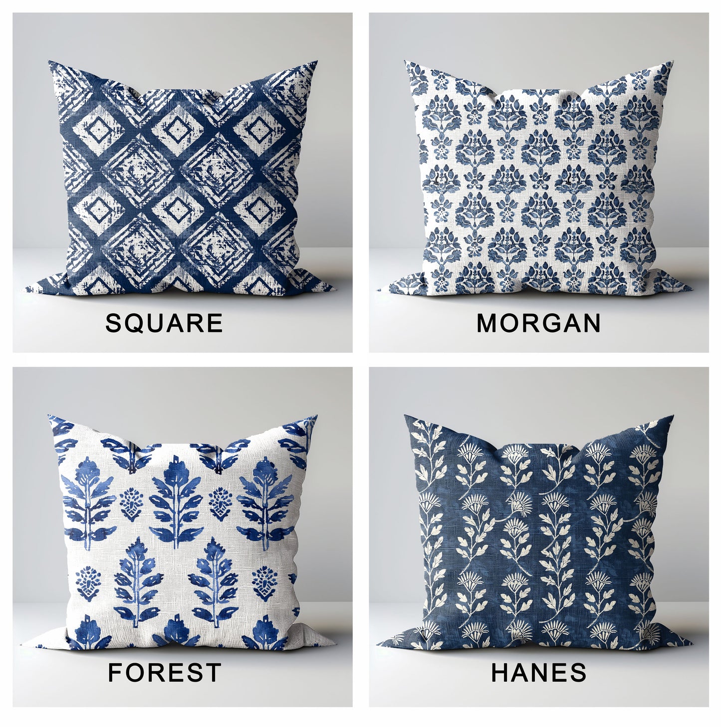 Modernt indigo linneblommigt örngott, vitblått Boho örngott med blocktryck på linne, Coutrynome blocktryckt örngott i europeiskt lin