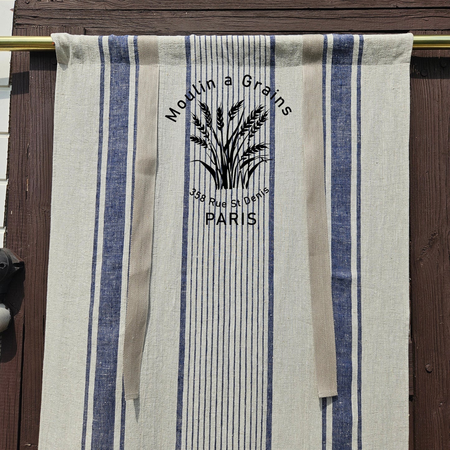 French Door Curtain with ties with Moulin a Grains stamp, blue striped curtain panels for door window in linen