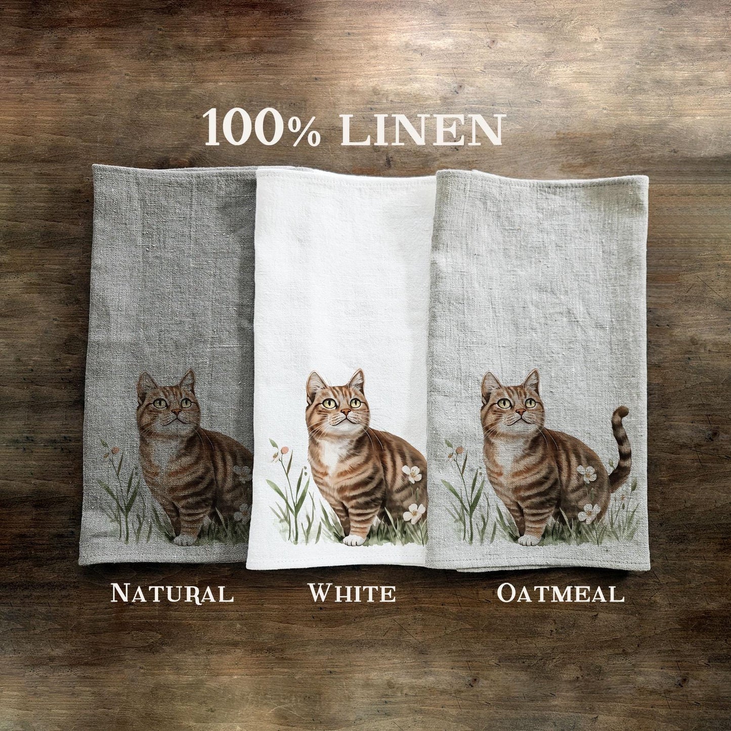 Cat in meadow kitchen Towel in linen - Tabby cat kawaii Hand Tea towels - Farmhouse Floral Dish Décor Kitchen Towel
