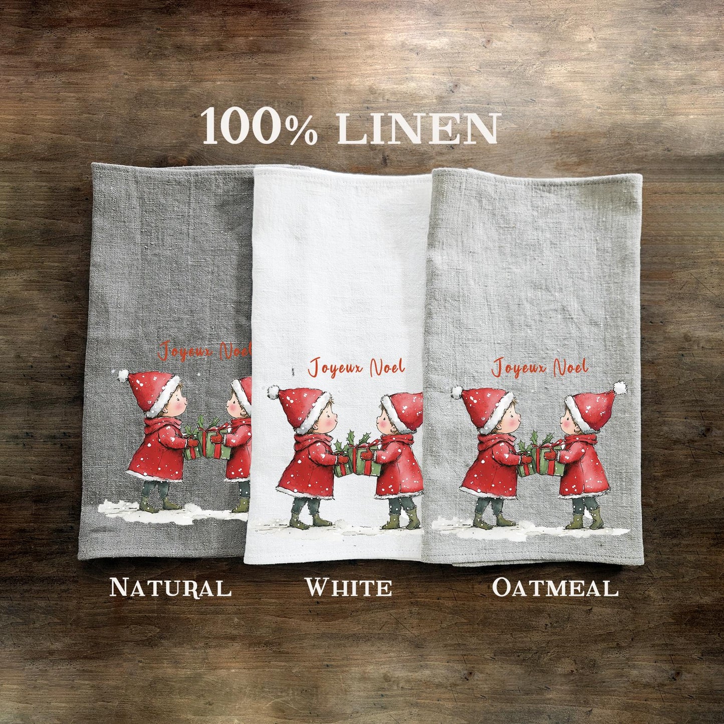 Christmas elf Tea Towel in linen, Hand Towels Tea in linen Dish Holiday Kitchen Feliz Navidad Frohe Weinachten Merry Christmas
