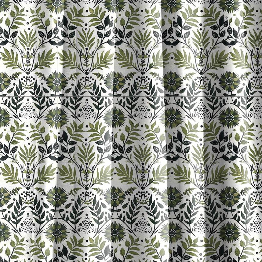 Modern vintage Curtains 100% Linen with botanical block print in green on white linen - kitchen Living room farmhouse linen window panel