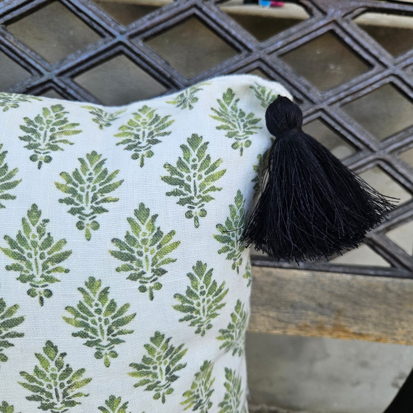 cushion with tassel Designer Olive Green Floral on Linen Pillow Cover, Dark Green Boho Pillow, Farmhouse Floral Block printed pillow