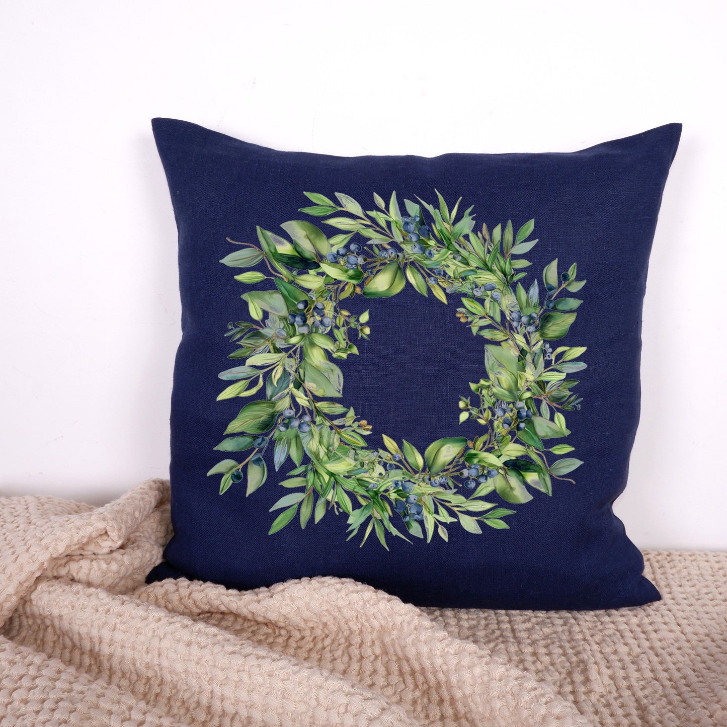 SALE LINEN Cushion cover in blue with greenery wreath , decorative linen pillow cover cushion