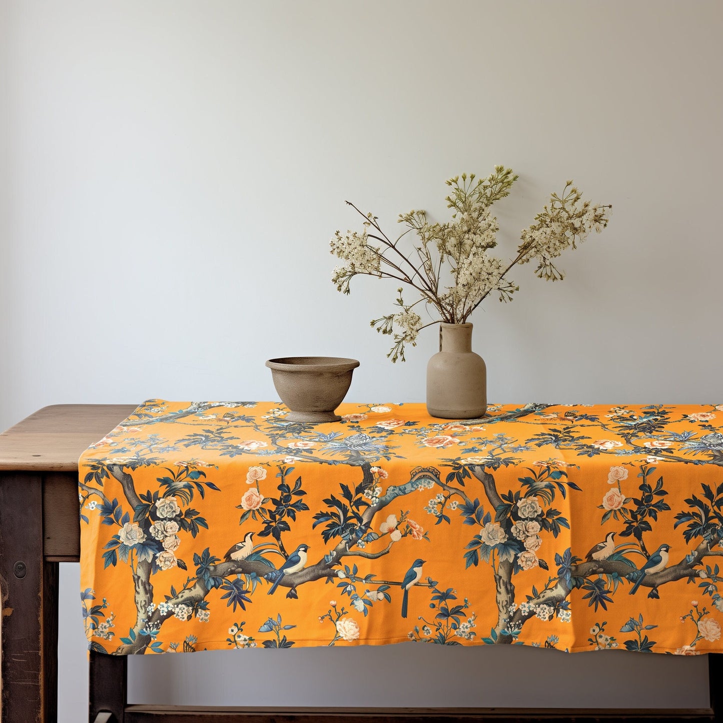 Designer Floral Linen tablecloth Toile de jouy in mustard, botanical tablecloth with trees and birds