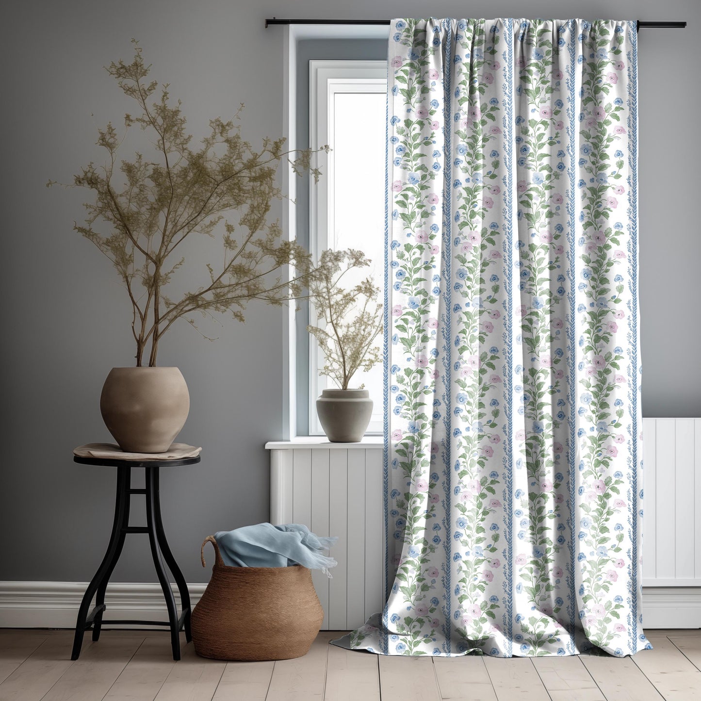 Curtains 100% Linen with floral stripe preppy pink green white print PREWASHED - kitchen Living room farmhouse linen window panel heritage