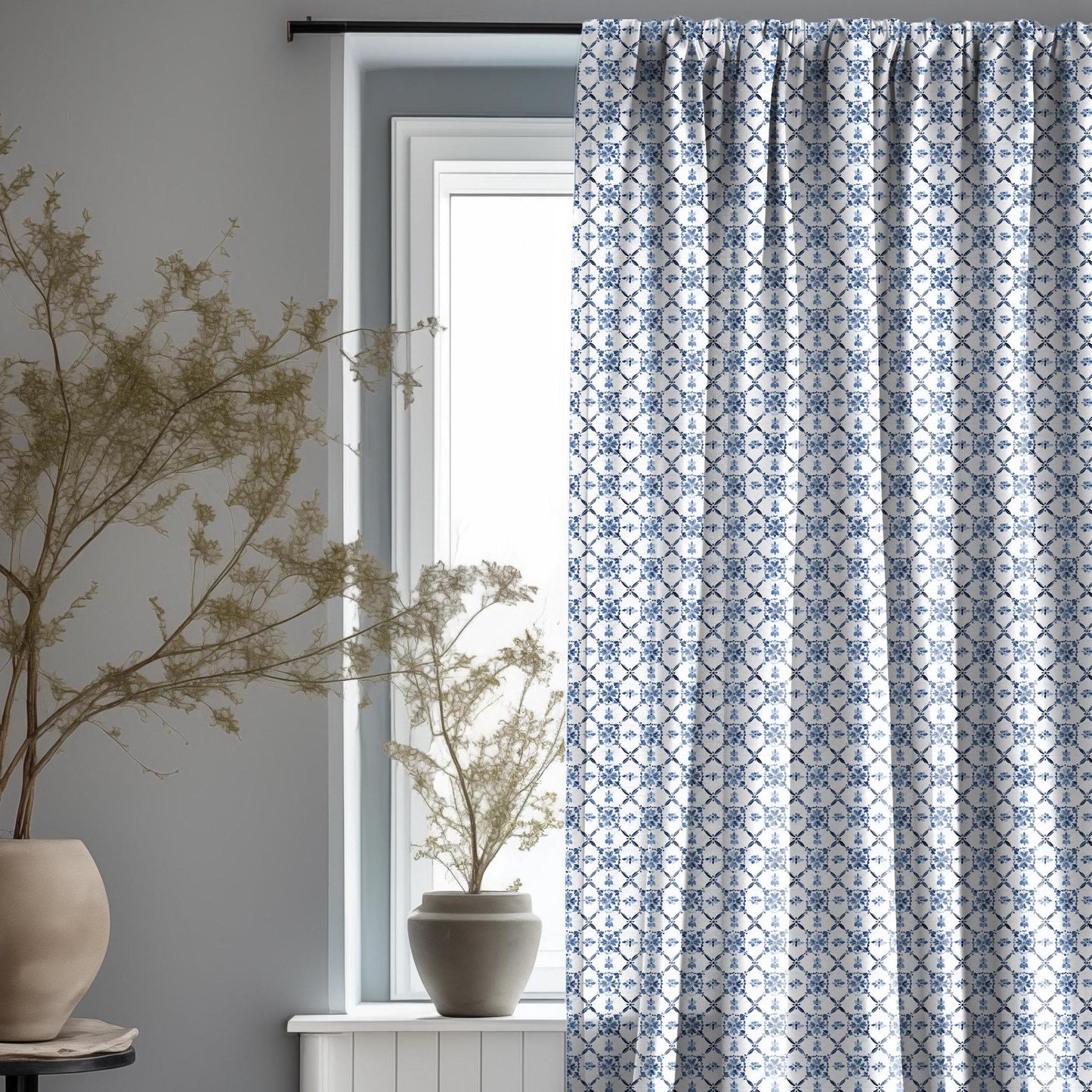 Curtains 100% Linen with Swedish tile print blue white pattern PREWASHED - kitchen Living room farmhouse linen window panel