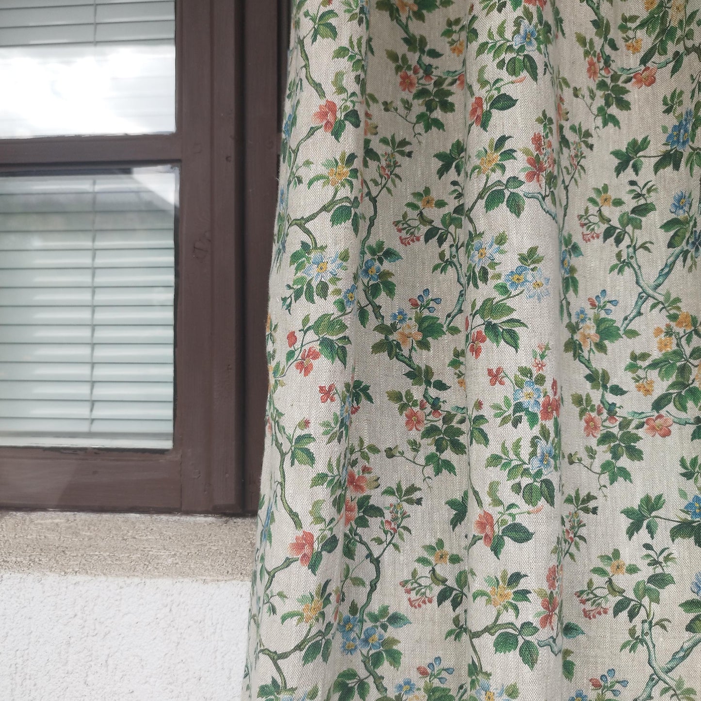 Curtains 100% Linen with botanical red green toile de jouy print PREWASHED. kitchen Living room farmhouse linen window panel