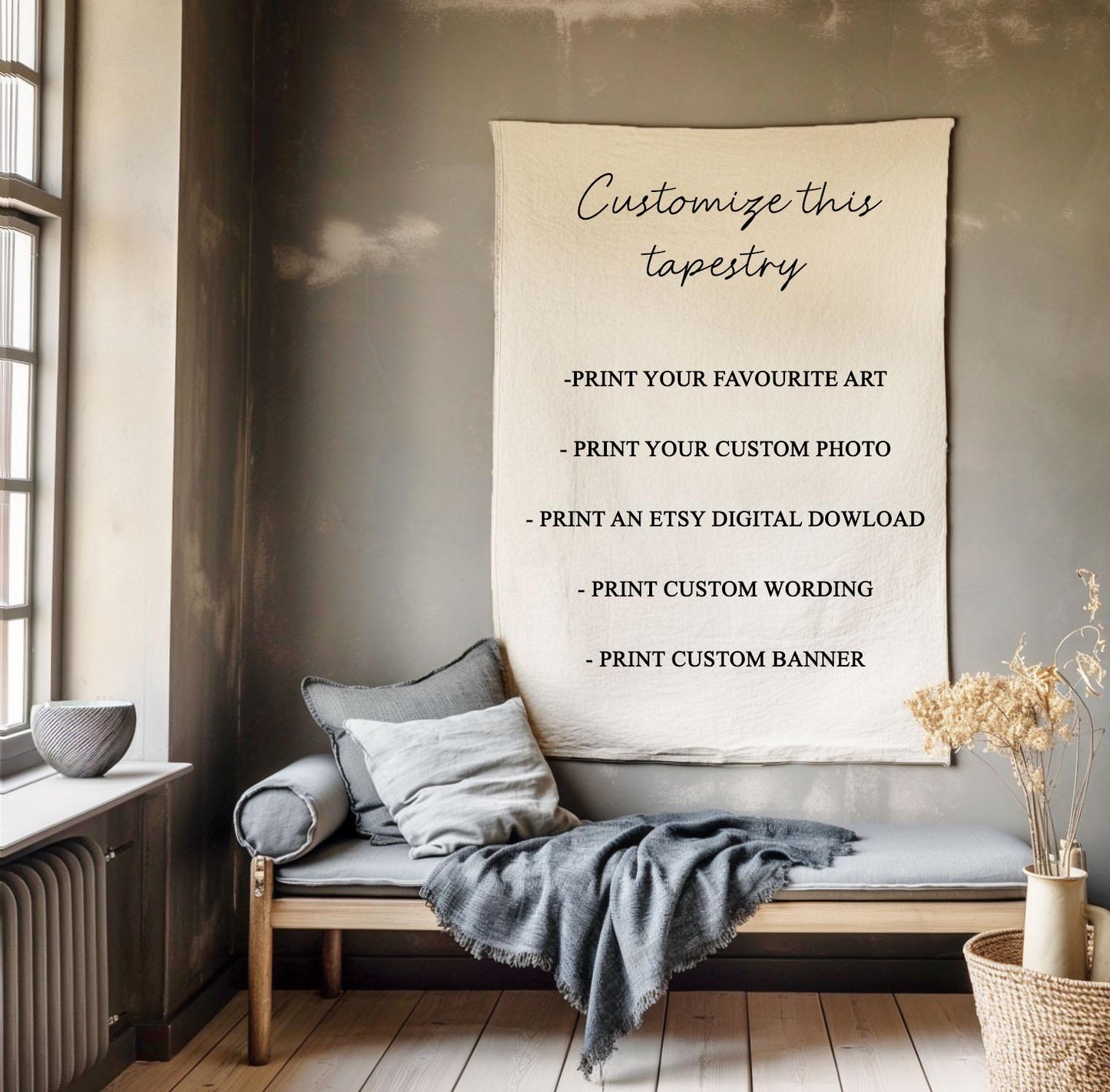 CUSTOM tapesry wall art with personalized photo quotes logo - Custom Canvas Oversized Wall Art on 100% LINEN - Customizable Wall Hangings