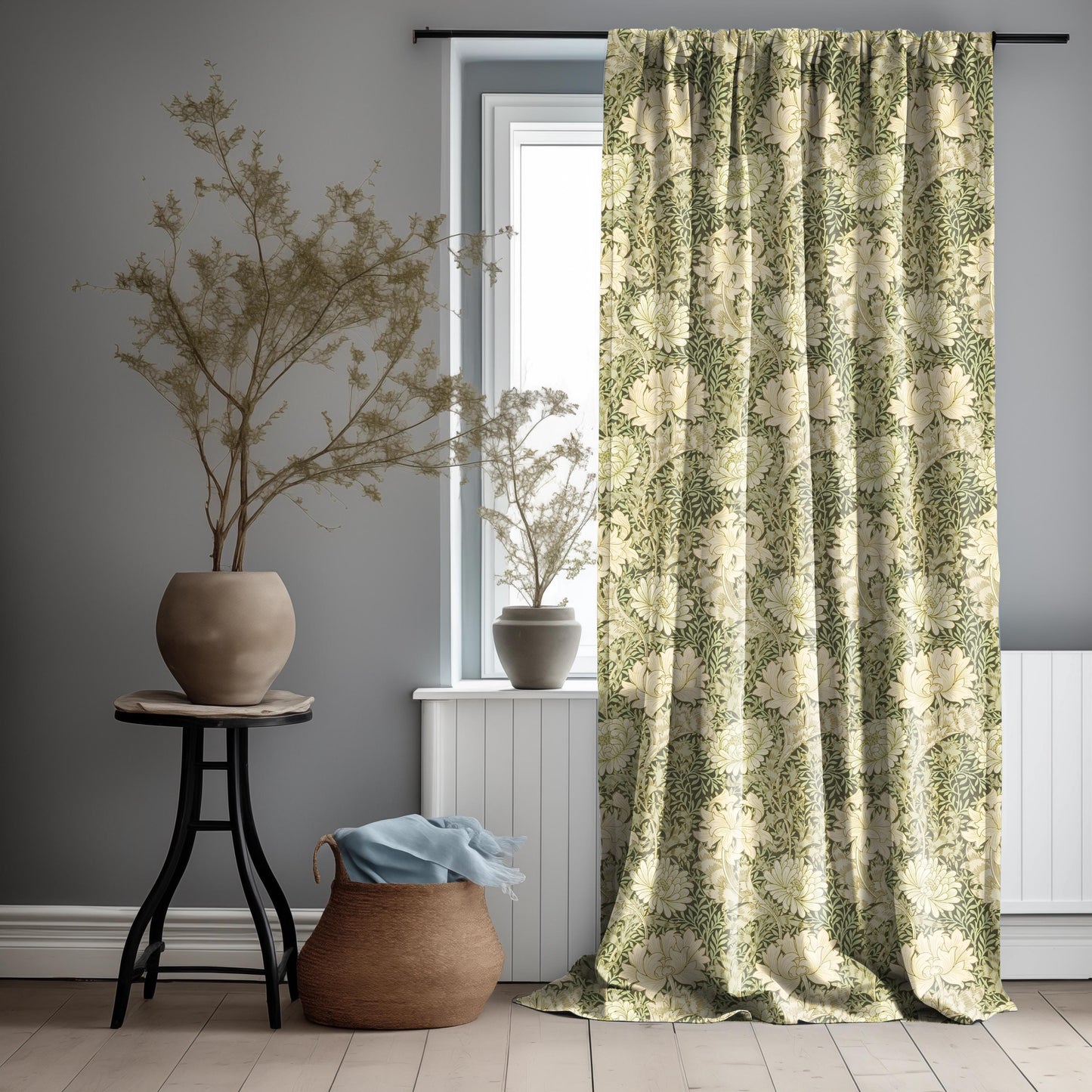 William Morris Curtain Panel Chrysanthemum, Floral Botanical green Print Curtains Panels in custom size, Botanical Curtains for living room