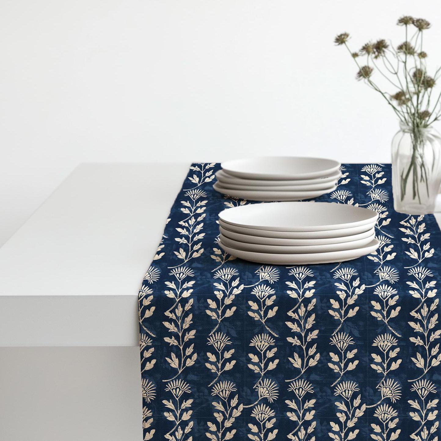 Indigo blue Linen runner - Japanese Hannes block print natural linen - indigo blue Rustic linen Marine Cottage farmhouse country style