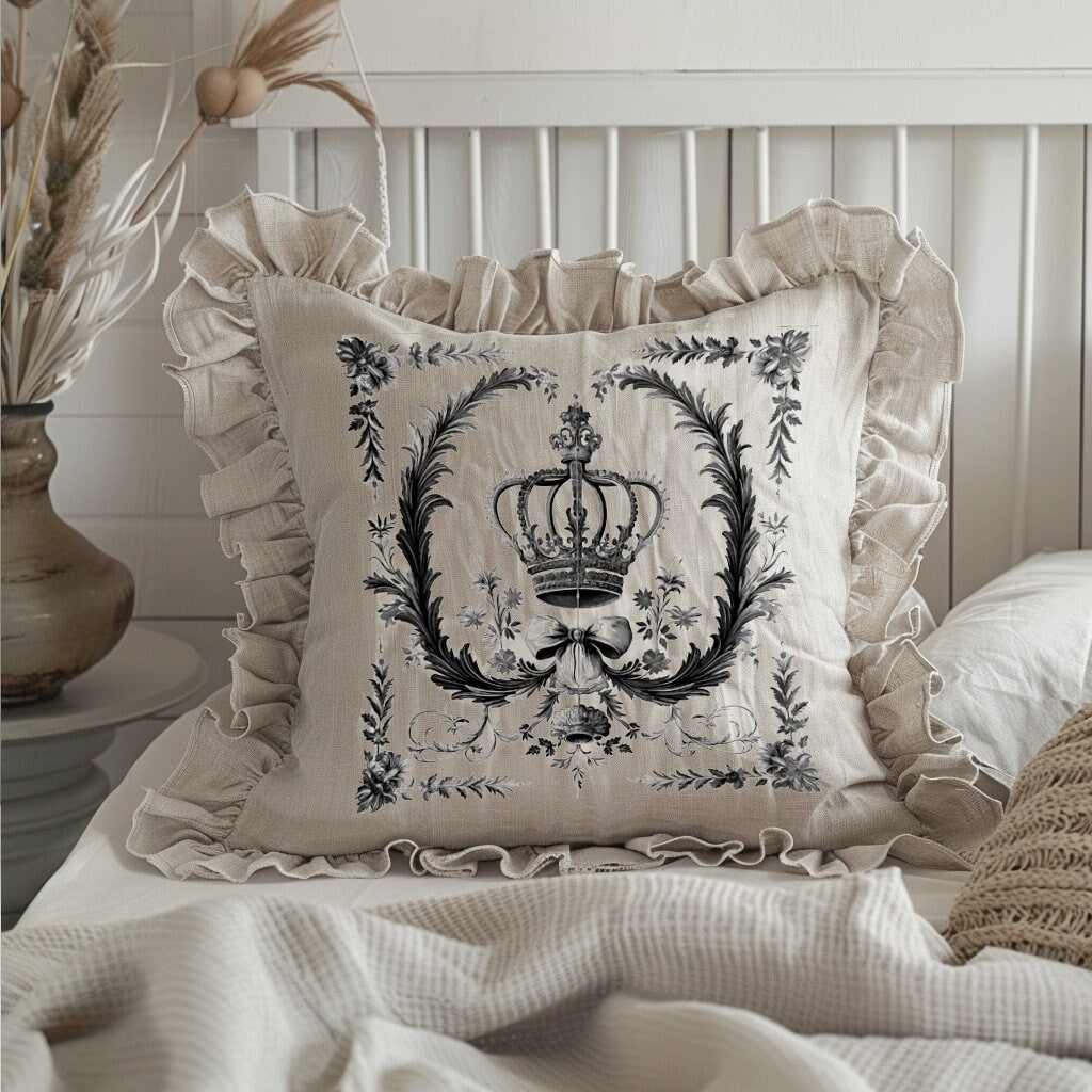 Shabby Floral Ruffle Linen Pillow Cover with Crown, French Provence Neutral Beige Cushion, French Antiques Harmhouse Cottage Chic Swedish