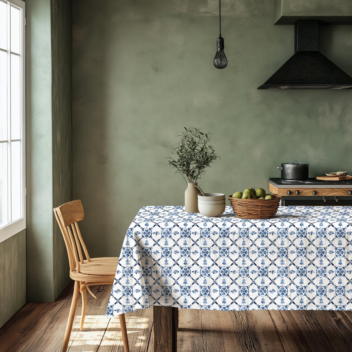 100% Linen tablecloth Swedish blue tiles Malmo print PREWASHED - table cloth rustic rectangle square oval - country Sack weave linen