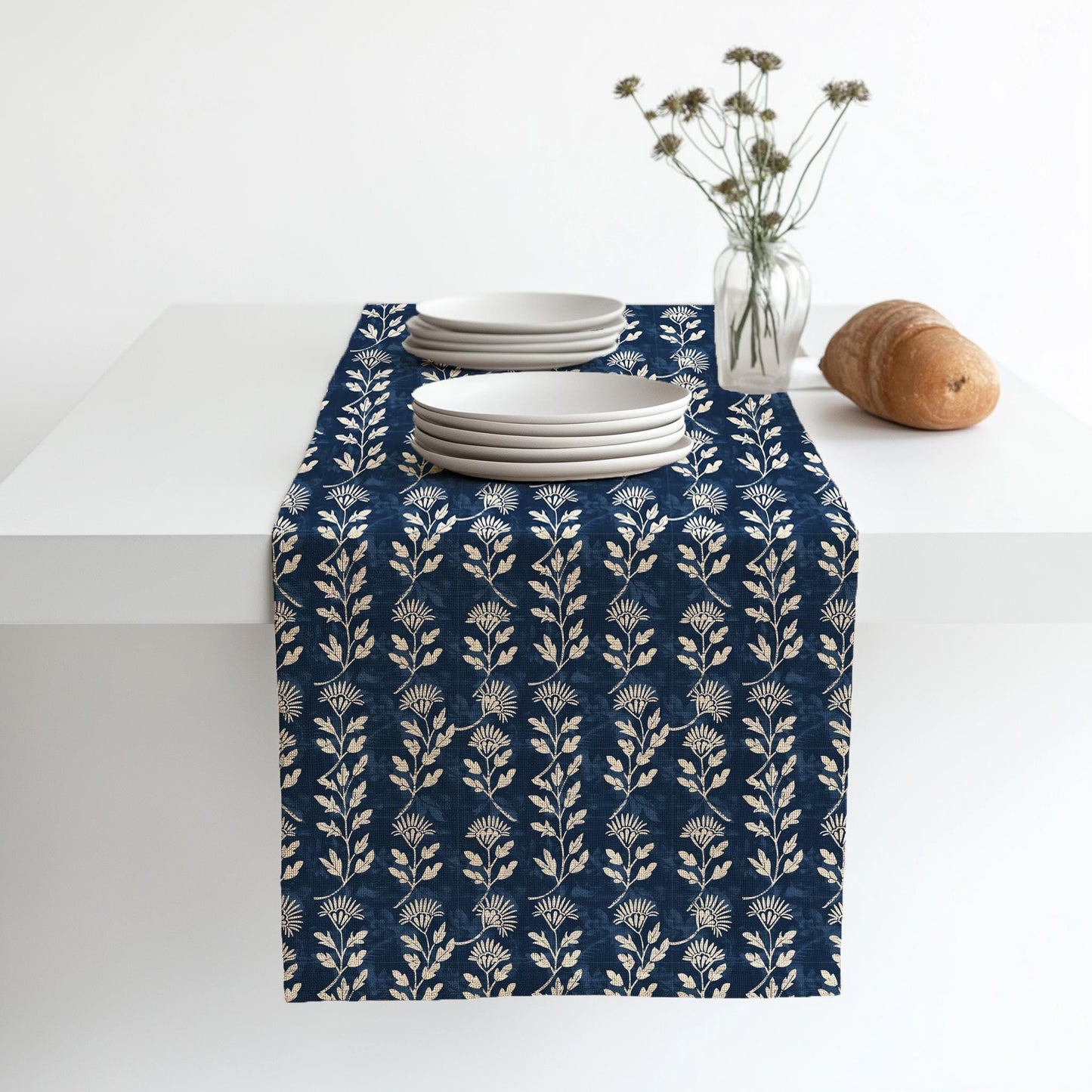 Indigo blue Linen runner - Japanese Hannes block print natural linen - indigo blue Rustic linen Marine Cottage farmhouse country style