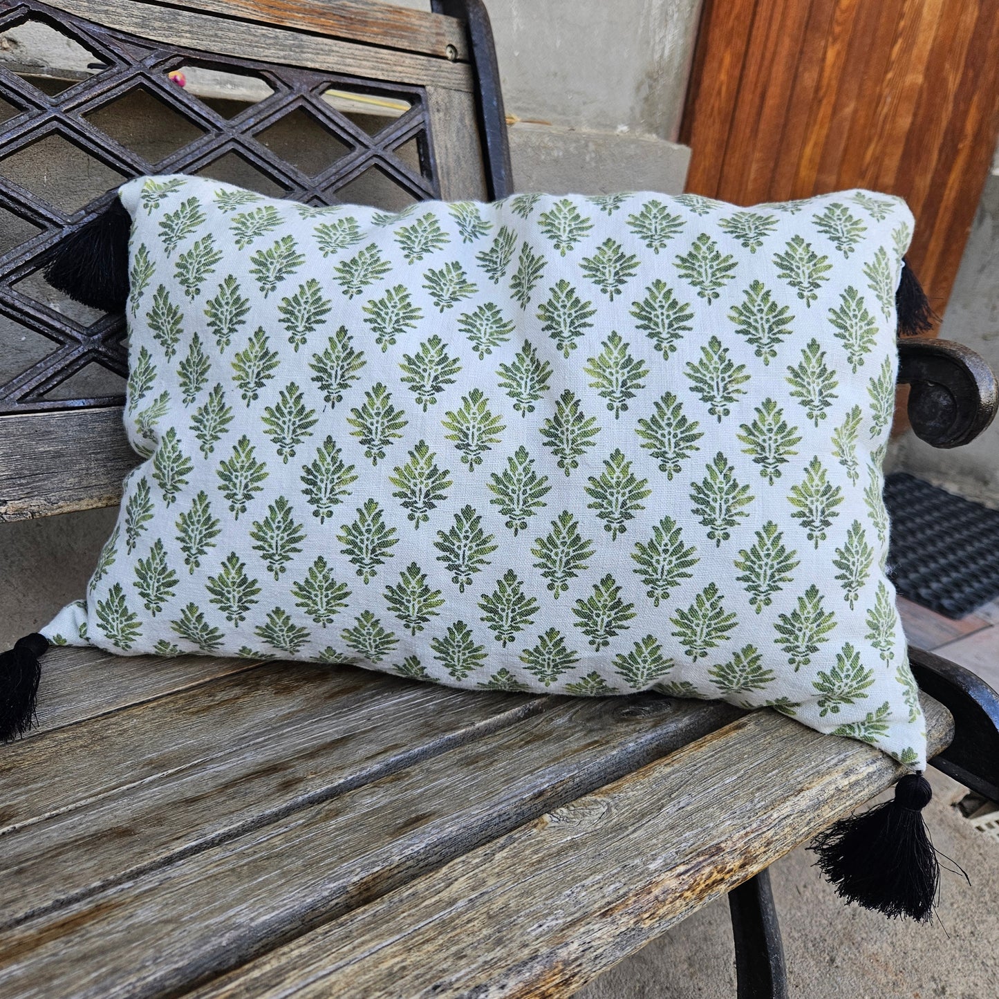 cushion with tassel Designer Olive Green Floral on Linen Pillow Cover, Dark Green Boho Pillow, Farmhouse Floral Block printed pillow