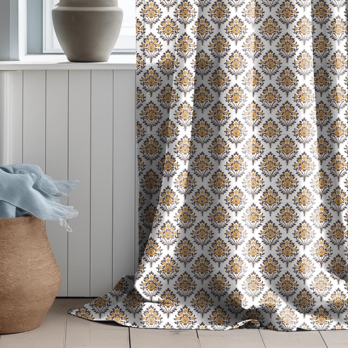 Modern vintage Curtains 100% Linen with botanical block print in green on white linen - kitchen Living room farmhouse linen window panel
