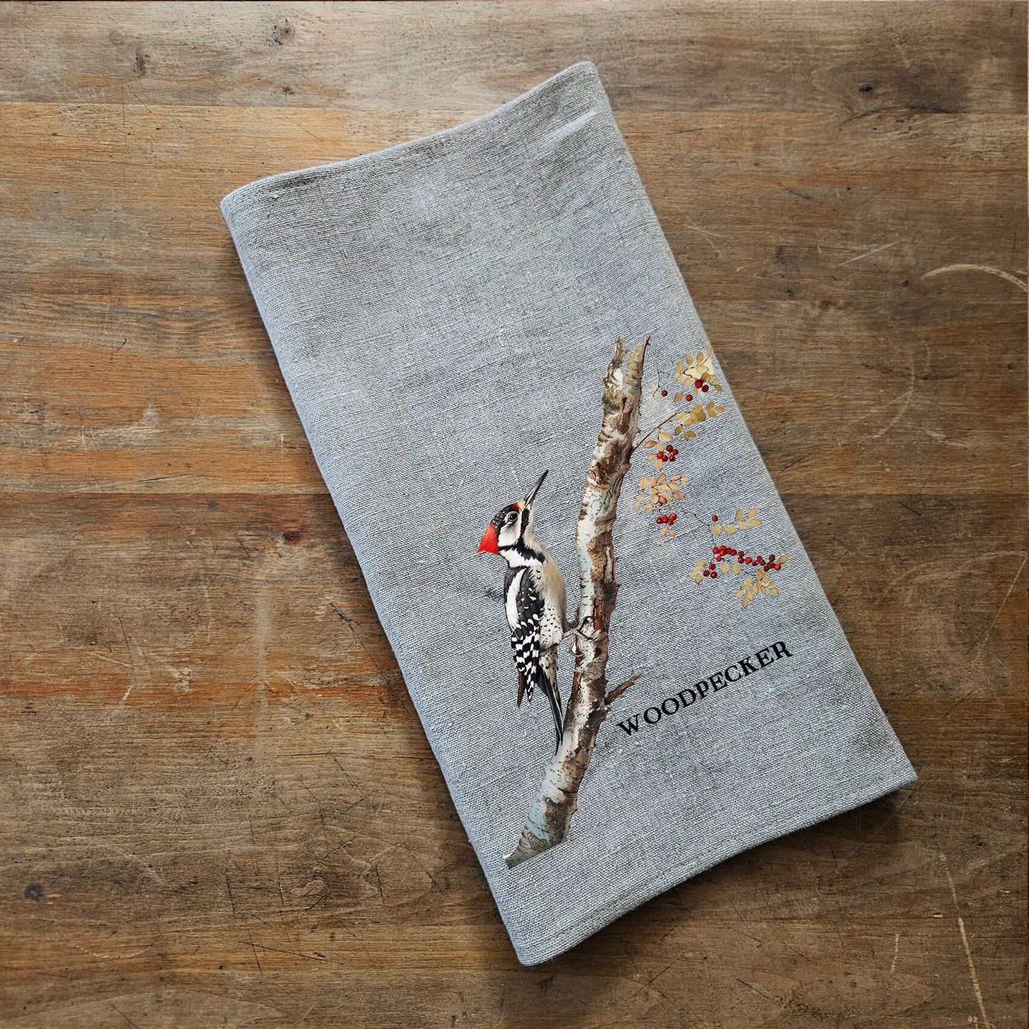 Woodpecker Tea Towel in linen, hand Towels Tea in linen, bird Dish Towel Kitchen Décor Tea Towel in linen