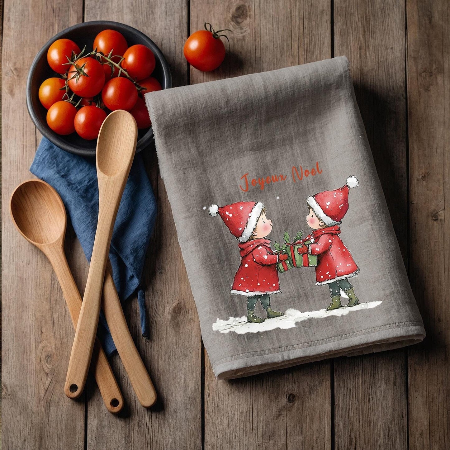 Christmas elf Tea Towel in linen, Hand Towels Tea in linen Dish Holiday Kitchen Feliz Navidad Frohe Weinachten Merry Christmas
