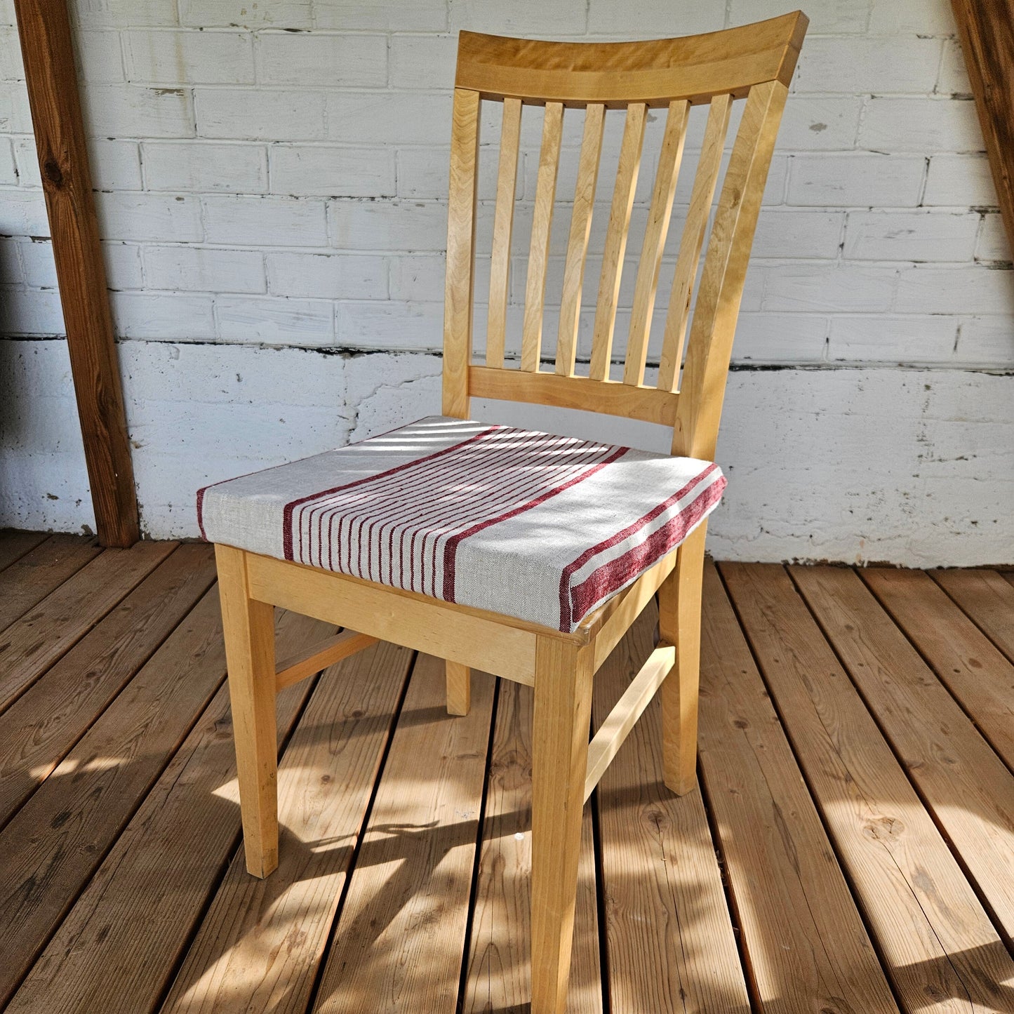 Linen Seat Cushion striped with ties, Striped red Chair Pad Pillow, Natural French Style Heavy Weight 100% Linen grain sack fabric