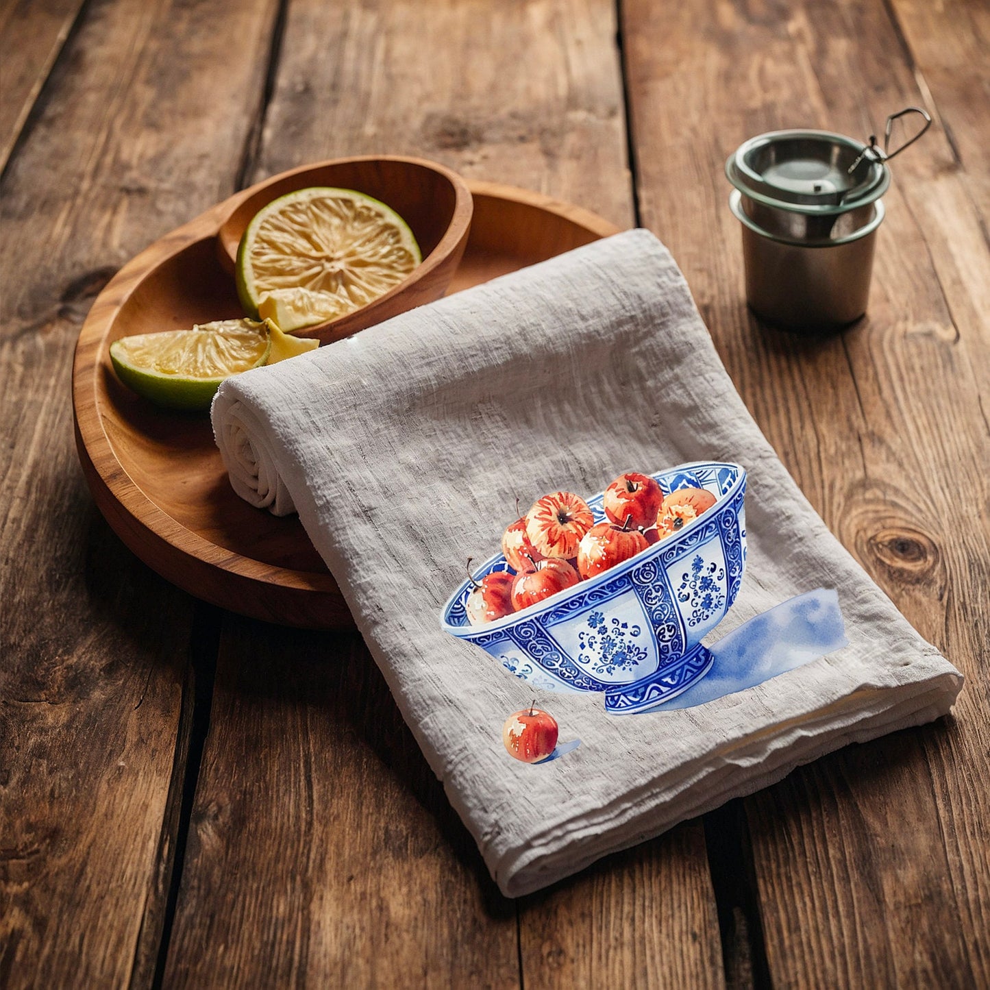 Apple bowl Tea Towel in linen, Chinoise bowl Hand Towels Tea in linen, linen Dish Towel, Holiday Kitchen Décor Tea Towel in linen