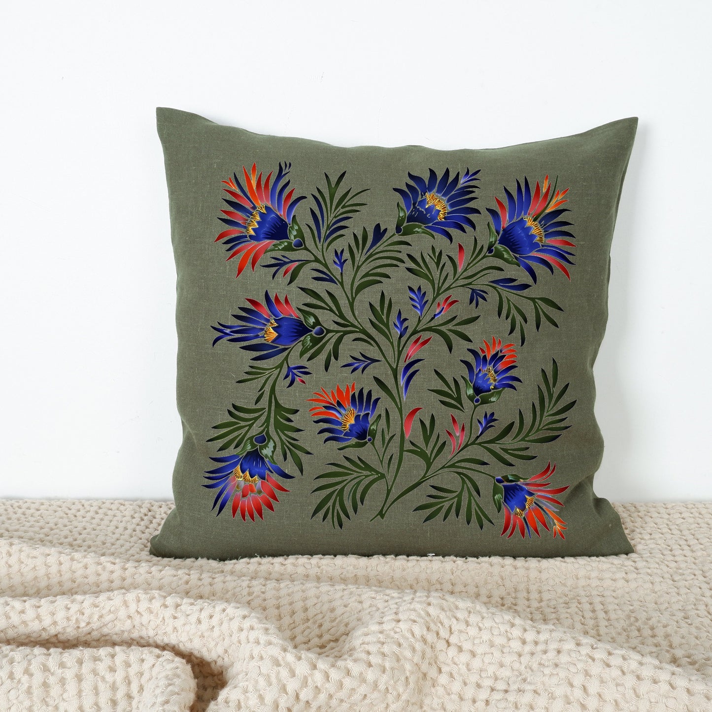 SALE LINEN Cushion cover with botanical print , decorative linen pillow cover with folk art print , Floral Housewarming Gift