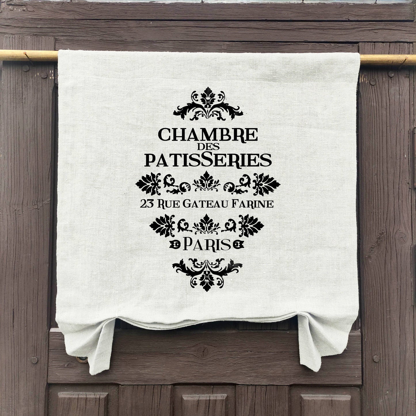 natural French Door Valance 1 Panel with Chambre des Patisseres stamp, white curtain panels for door window in linen