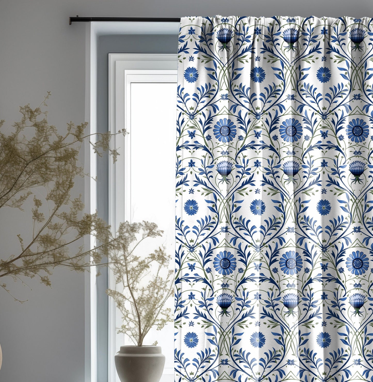 French linen Curtain Panels with blue floral print, Curtains for living room or bedroom