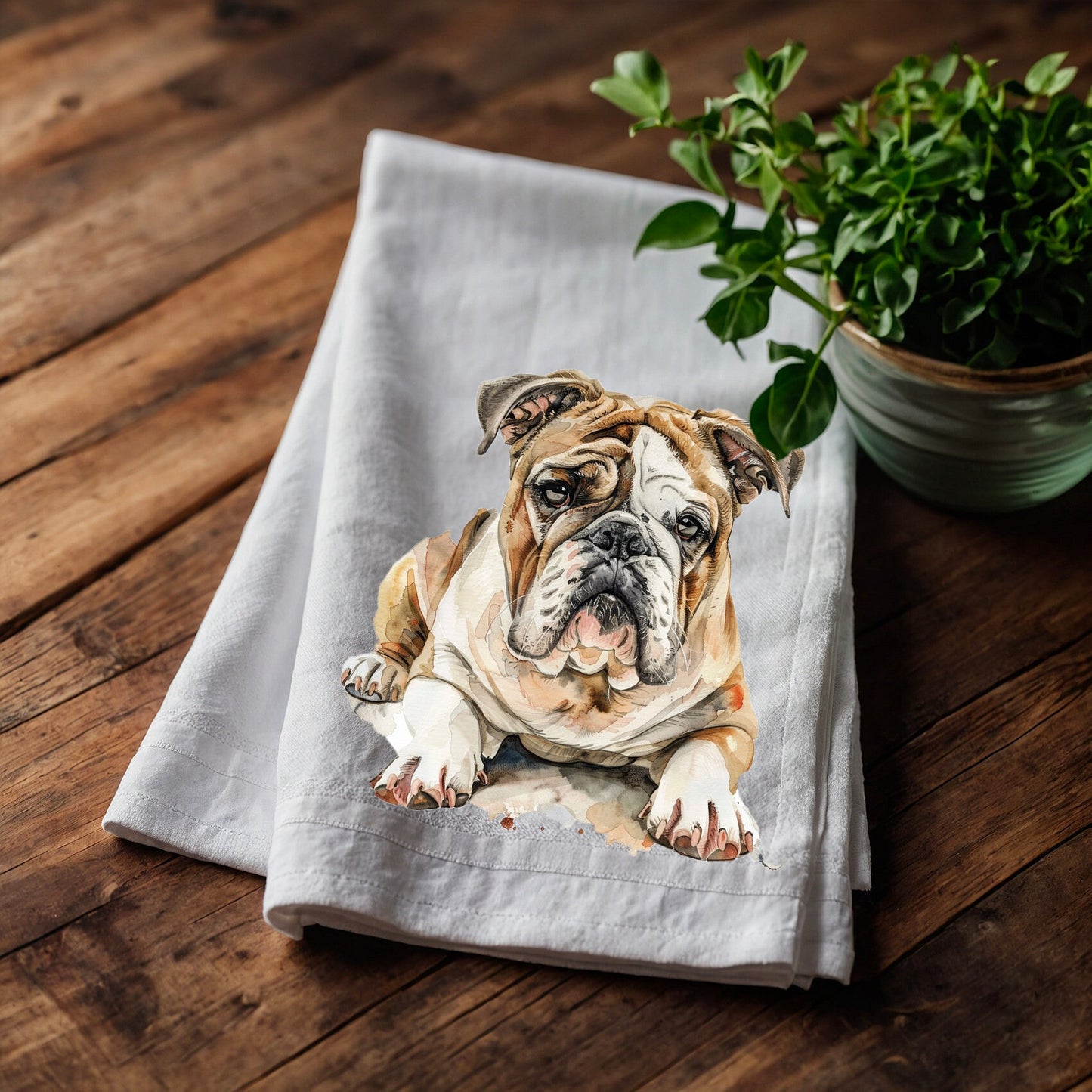 Buldog Tea Towel in linen, Dog lovers Hand Towels Tea, Farmhouse Dish Towel, Kitchen Décor Tea Towel
