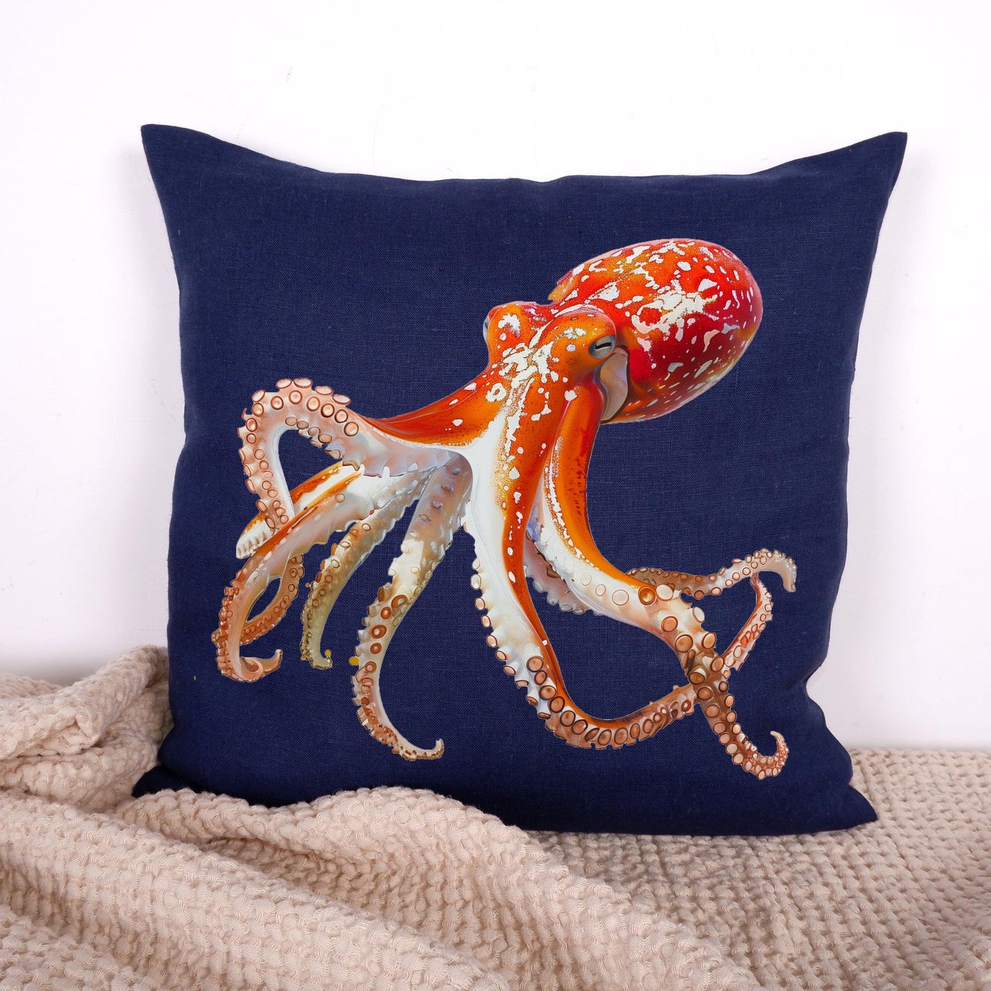 LINNEKUDDOTTER MED Bläckfisktryck, Marint dekorativt linnekuddfodral, Kustnära marin dekoration kudde inflyttningspresent