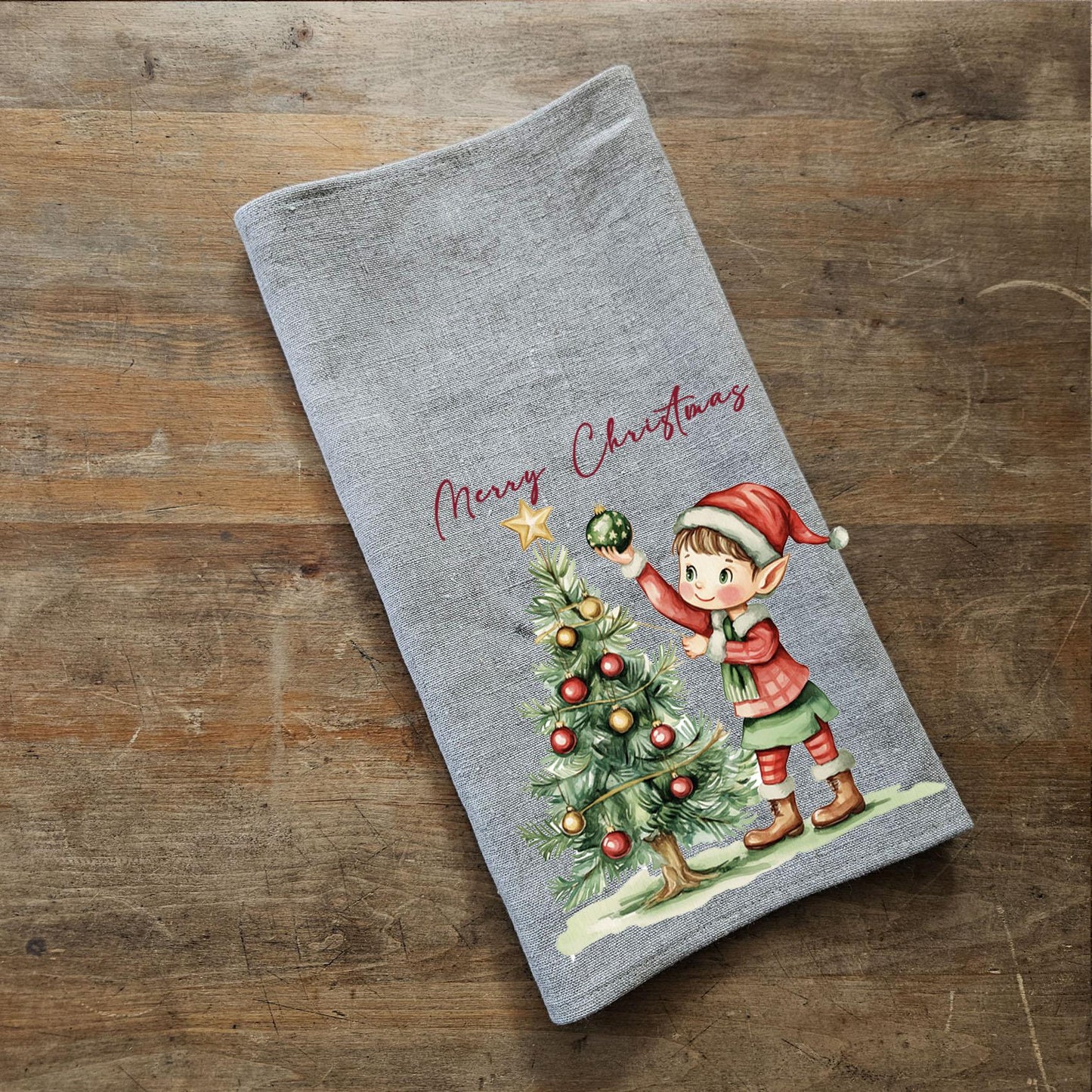 Christmas tree Tea Towel in linen, Holiday decor hand Towels Tea in linen, Christmas elf Dish Towel Kitchen Décor Tea Towel in linen
