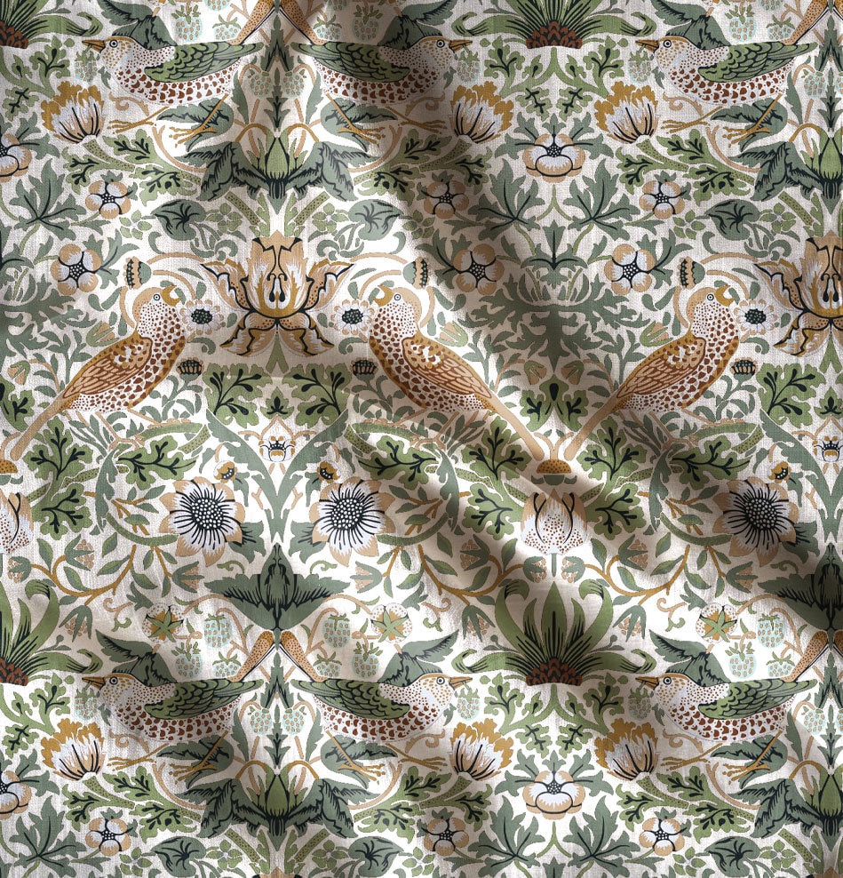 Linen foral tablecloth with birds, william Morris strawberry thief tablecloth, arts and crafts movement tablecloth