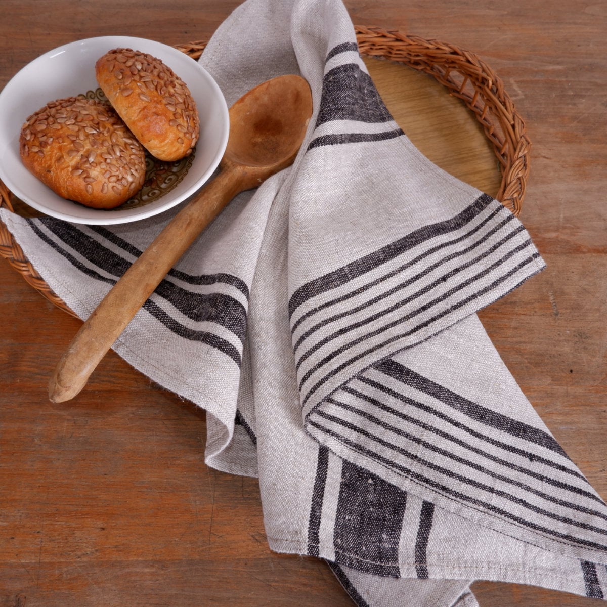 Washed linen kitchen towel in french blue stripes . Guest hand towel Natural dish towel. Striped French style thick linen tea towels