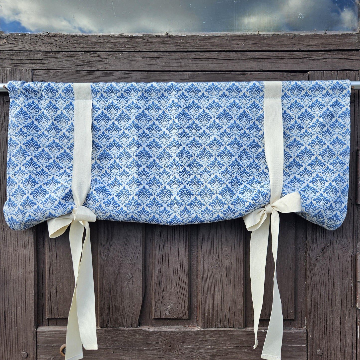 Linen curtains valance with tie up Blue white block print - Nautical farmhouse kitchen door curtains in custom size with print