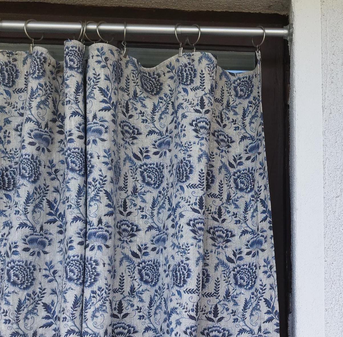 Curtains 100% Linen blue floral PREWASHED. kitchen Living room farmhouse curtains. Grain Sack flax Bedroom window panel in linen