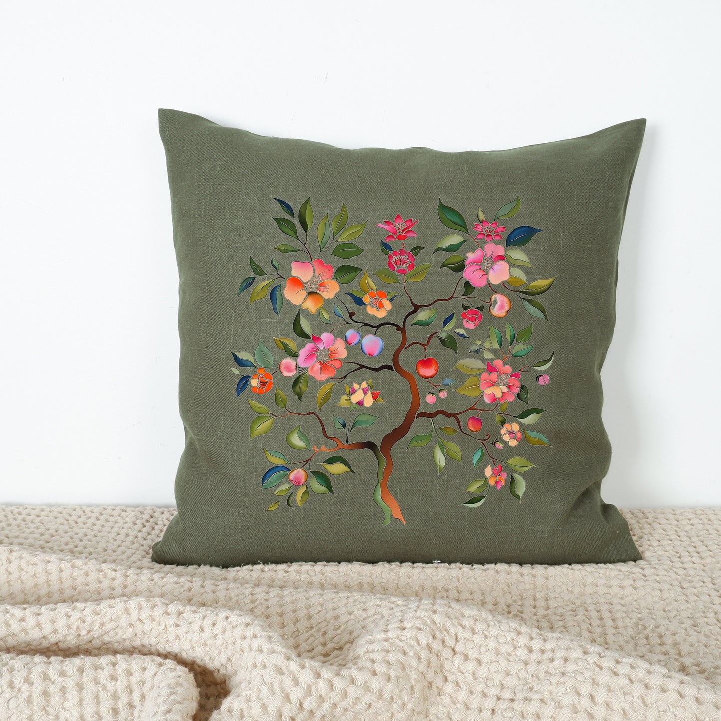 SALE LINEN Cushion cover Nordic folk art in beige, decorative linen pillow cover , Floral Summer Woodland Cushion Housewarming Gift