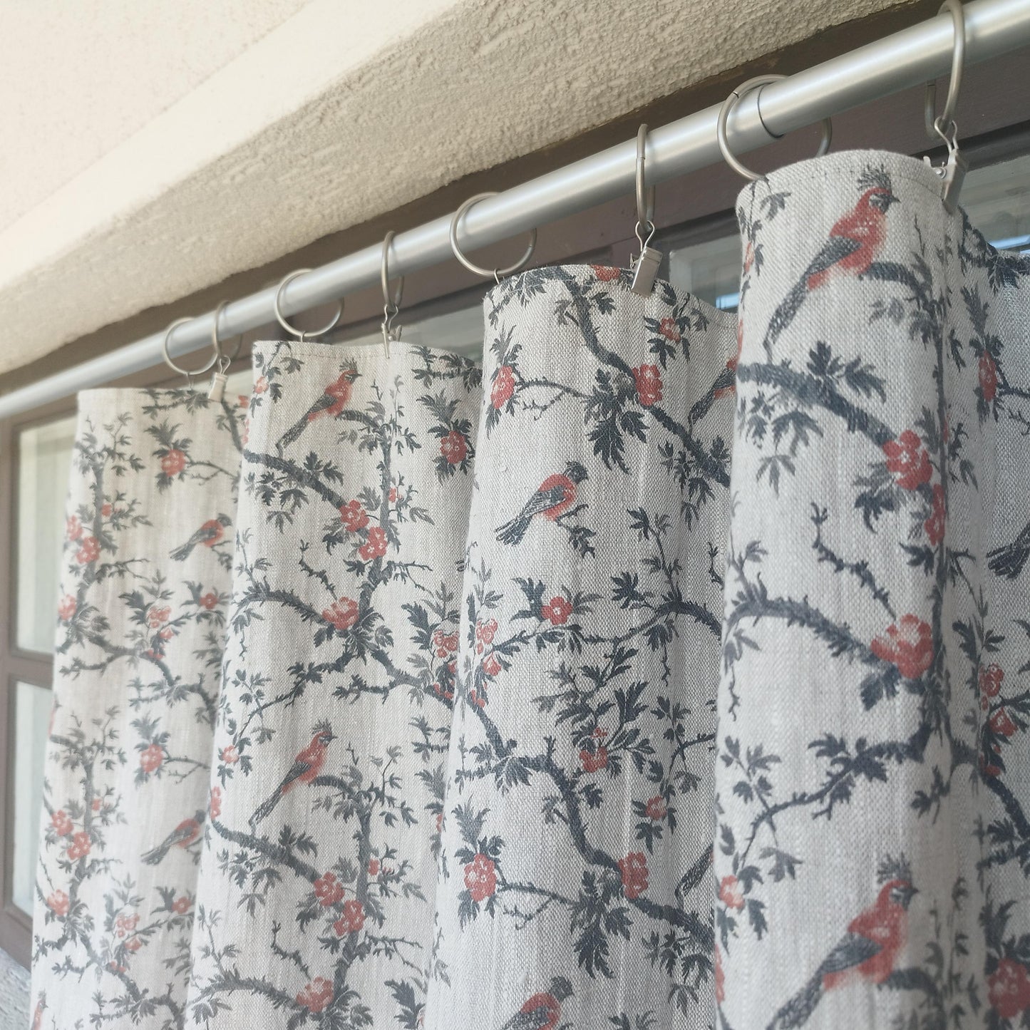 Curtains 100% Linen with botanical red black toile de jouy print PREWASHED. kitchen Living room farmhouse linen window panel