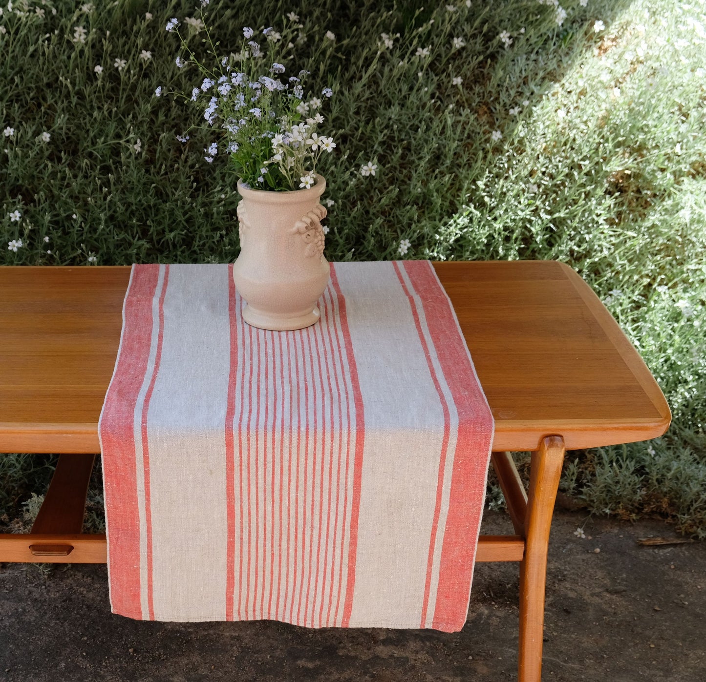 Linen runner - french sack linen. Grey red striped Rustic linen Cottage farmhouse coutry style linen. Stonewashed. 100% linen Burlap