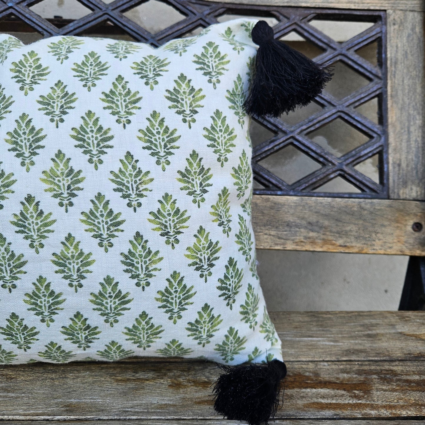 cushion with tassel Designer Olive Green Floral on Linen Pillow Cover, Dark Green Boho Pillow, Farmhouse Floral Block printed pillow