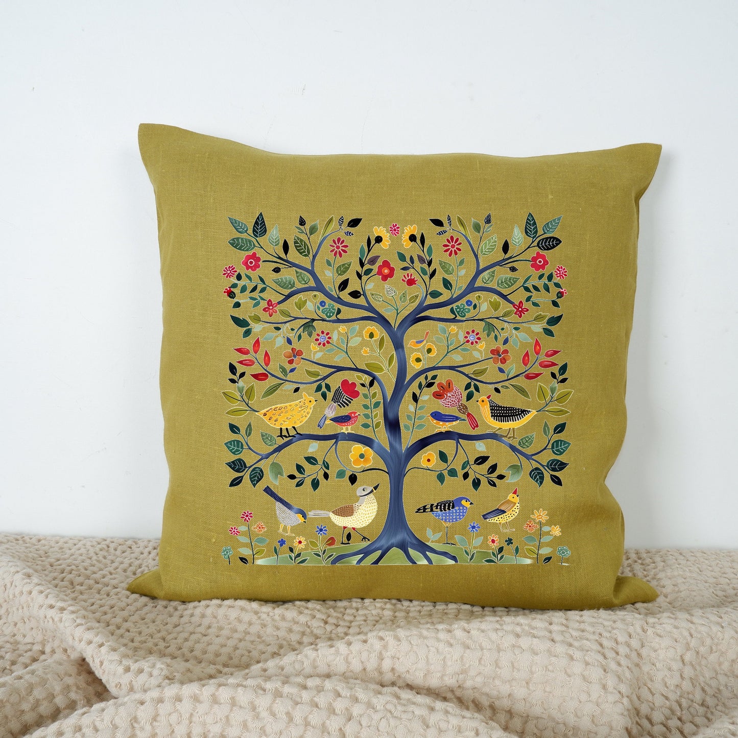 SALE LINEN Cushion cover Nordic folk art in blue, decorative linen pillow cover , Floral Summer Woodland Cushion Housewarming Gift