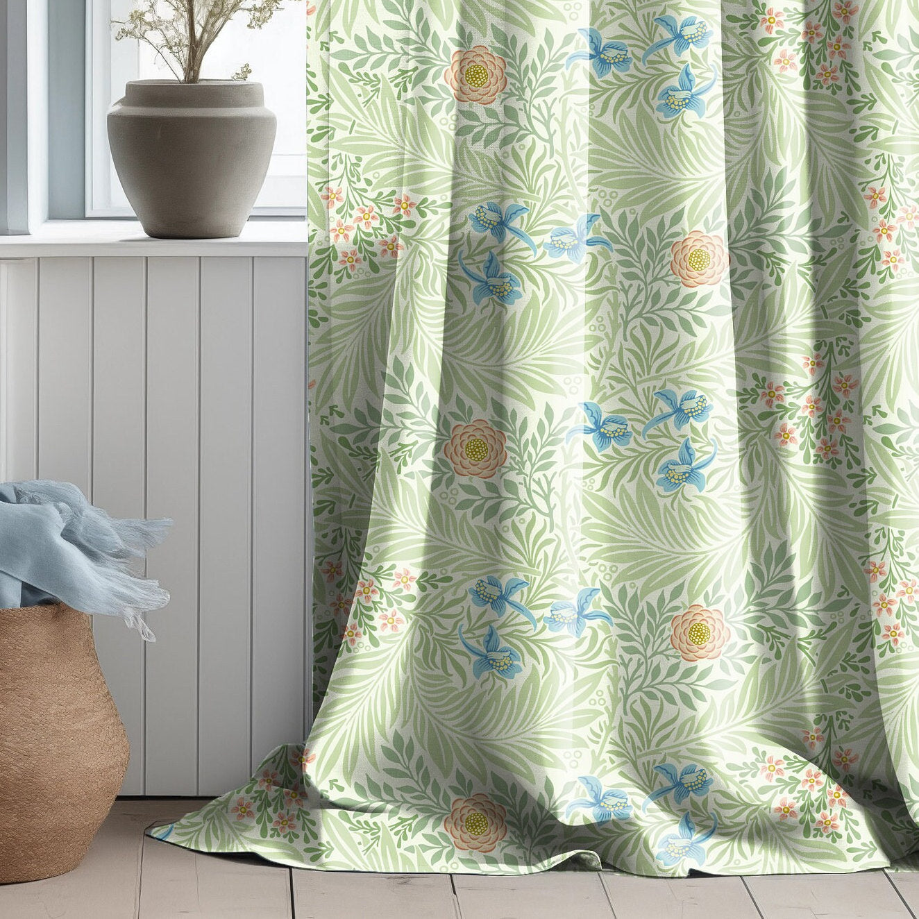 William Morris Curtain Panel Lakspur, Floral Botanical green Print Curtain Panels in custom size, Curtains for living room