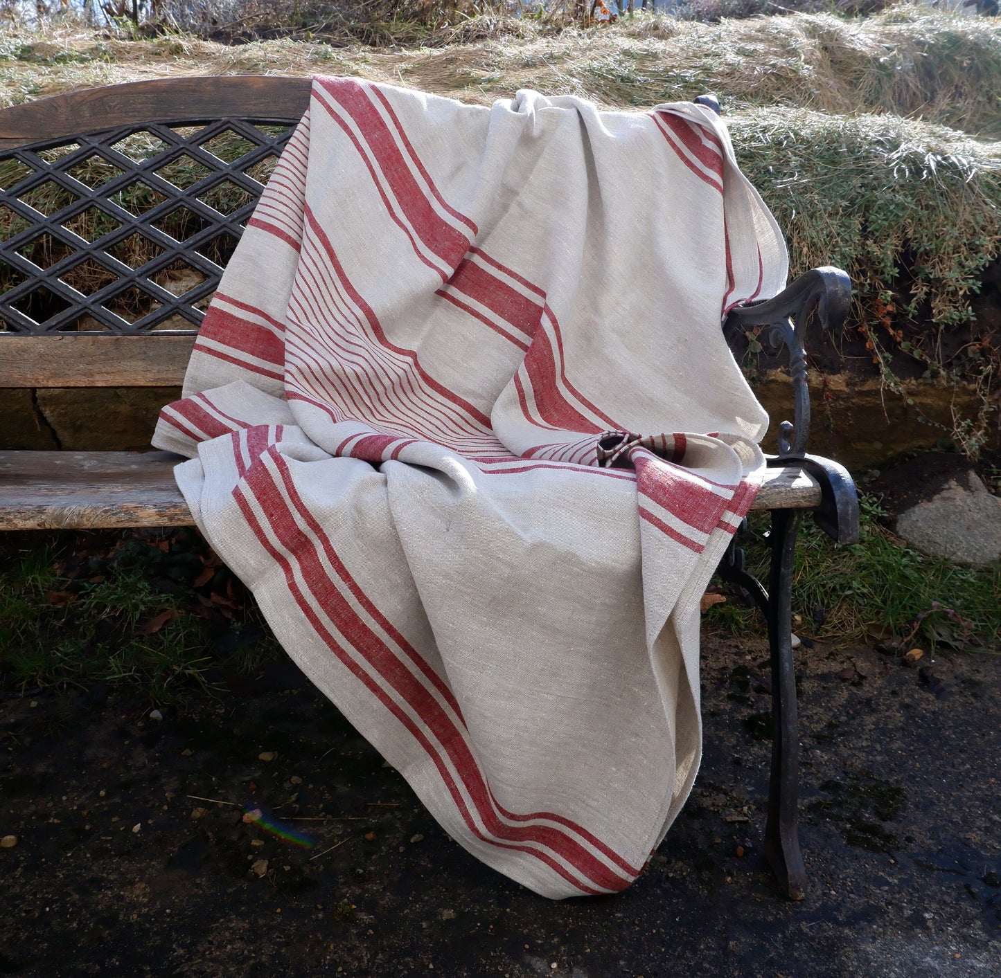 Stonewashed Natural Blanket Bedspread Bed Cover - striped flax - provence cottage coutrystyle Throw Alwayslovelinen 100% Linen
