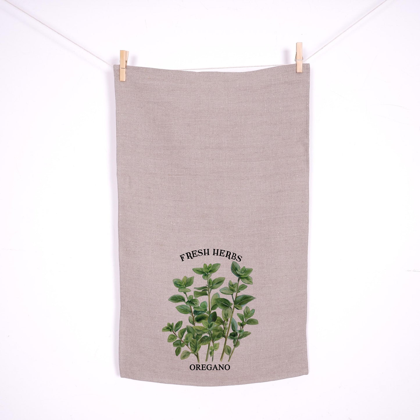 Oregano kökshandduk i linne - Franska lantliga handdukar - Diskhandduk med lantlig blommig design - grönska färska örter Köksinredning