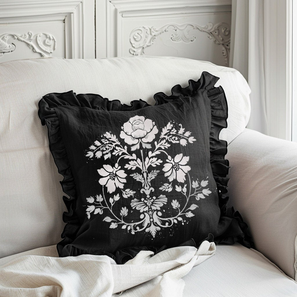 Shabby Floral Ruffle Linen Pillow Cover, French Provence Neutral Black Cushion, French Antiques Harmhouse Cottage Chic Swedish