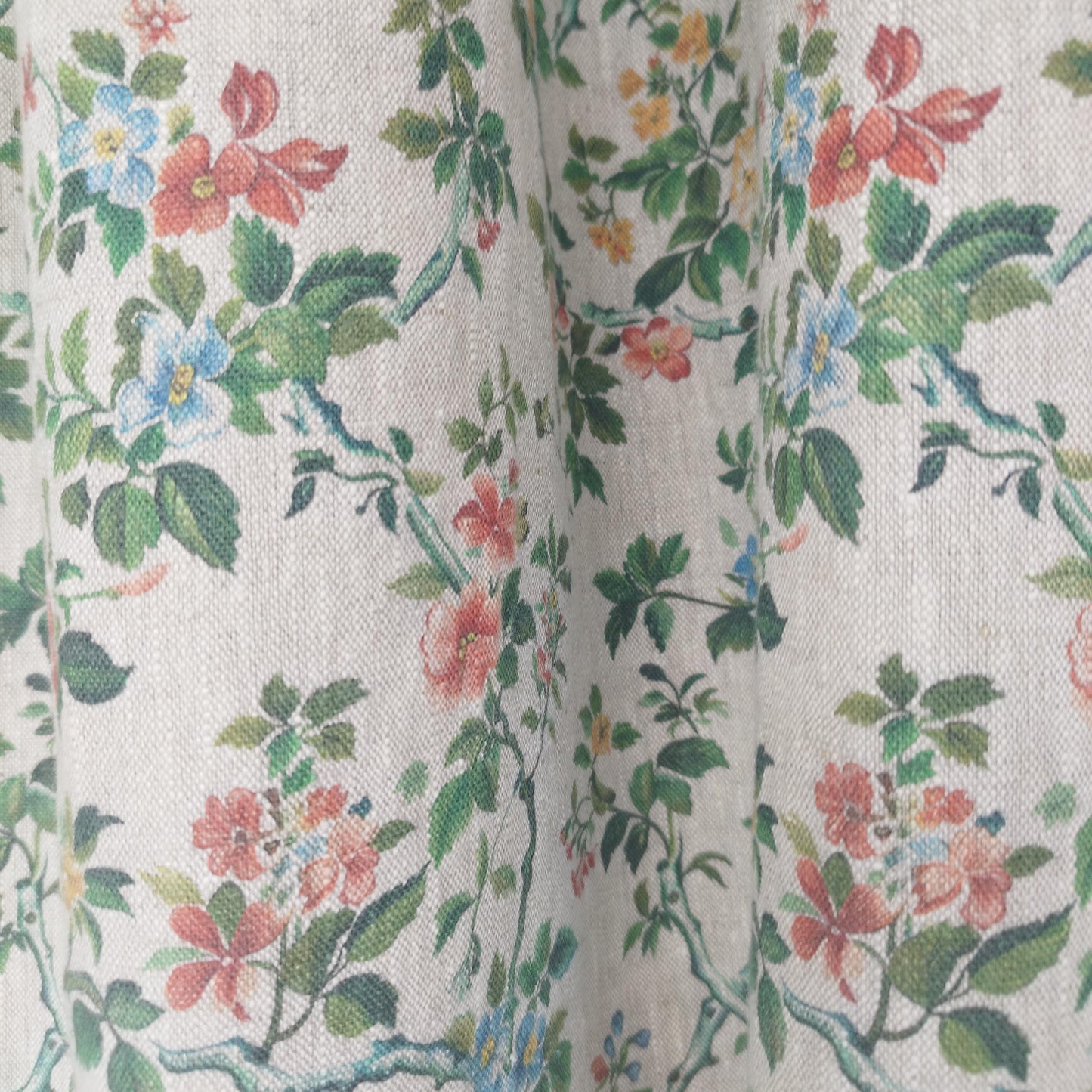 Curtains 100% Linen with botanical red green toile de jouy print PREWASHED. kitchen Living room farmhouse linen window panel