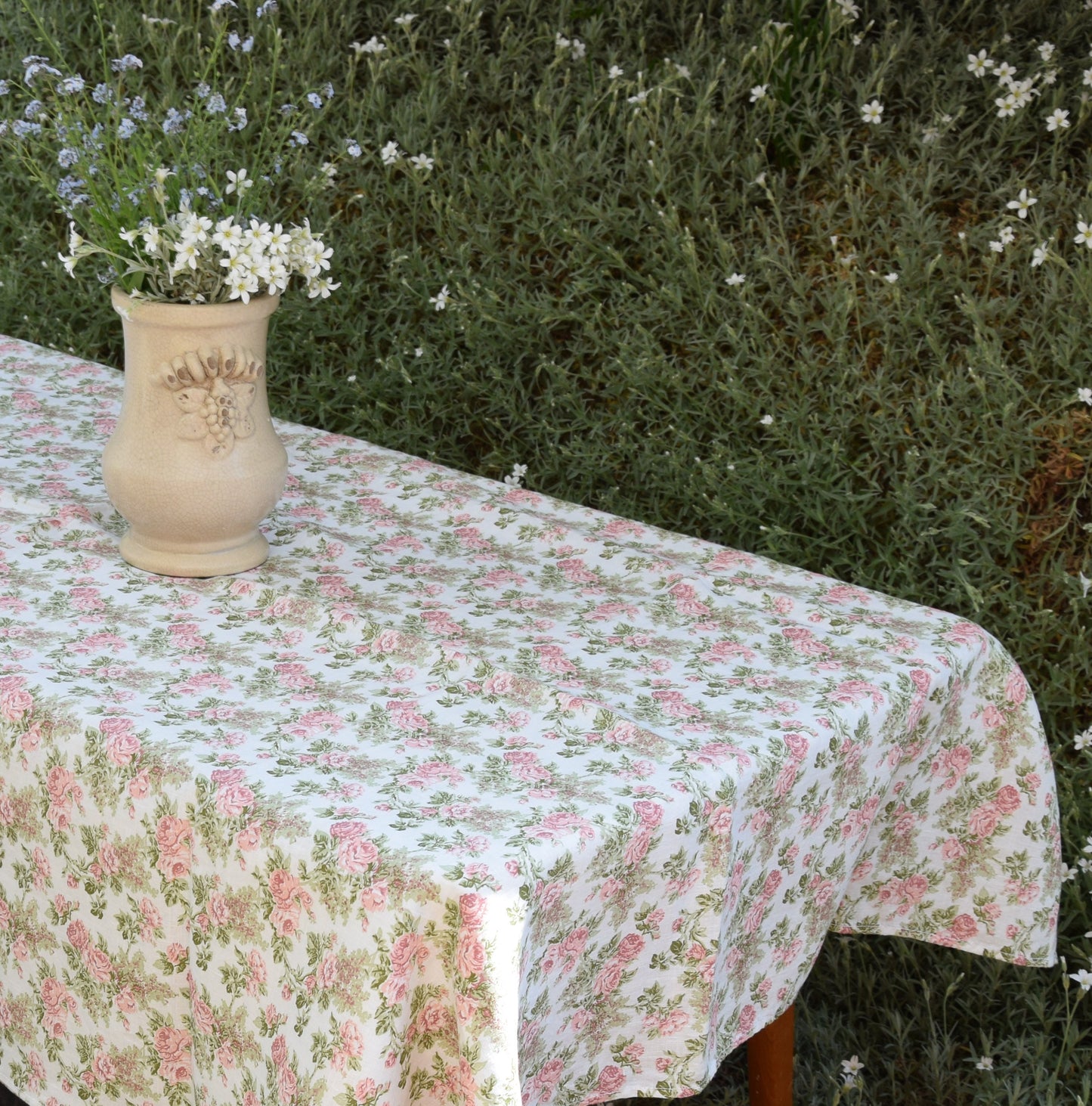 100% Linen tablecloth PREWASHED Provence Roses print French table cloth rustic rectangle square oval Grey Blue country style flax custom
